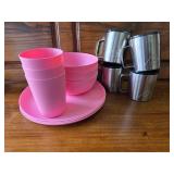 Camping Dinner Ware, 4 Coffee Cups with Lids, Pink, Red and Gray Cups, Plates and Bowls