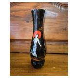 Vintage Vietnamese or Korean Black Lacquer Bud Vase Featuring a Hand-Painted Figure and Mother-of-Pearl Inlay.