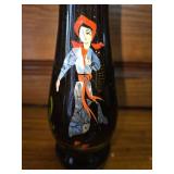 Vintage Vietnamese or Korean Black Lacquer Bud Vase Featuring a Hand-Painted Figure and Mother-of-Pearl Inlay.