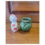 Small Green Ceramic Jar with "Fa" Prosperity and Japanese Hakata Busque Geisha figurine.