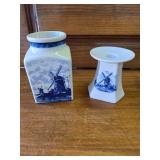 Ter Steege Delft Blue Porcelain candlestick Holder,  Delft Blauq Canister Windmill and Sailboat Scene