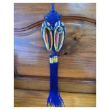 2 Vases,  And Blue Hanging Decorative Tassels with Miniature Korean-Style "Flower Shoes"