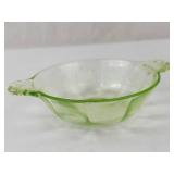 Green Uranium Vaseline Glass Bowl with Scalloped Handles-