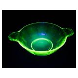 Green Uranium Vaseline Glass Bowl with Scalloped Handles-
