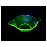 Green Uranium Vaseline Glass Bowl with Scalloped Handles-