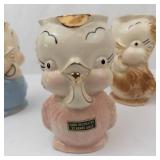 Shawnee Owl Chick Pitcher Creamers - Hand Decorated 22K Gold, 1940s