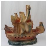 Vintage Chalkware Figurines - 4-Piece - Ship, Windmill, Girl & Bird