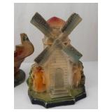Vintage Chalkware Figurines - 4-Piece - Ship, Windmill, Girl & Bird