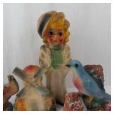 Vintage Chalkware Figurines - 4-Piece - Ship, Windmill, Girl & Bird