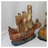Vintage Chalkware Figurines - 4-Piece - Ship, Windmill, Girl & Bird