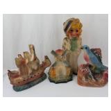 Vintage Chalkware Figurines - 4-Piece - Ship, Windmill, Girl & Bird
