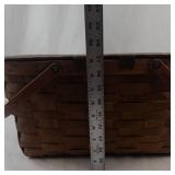 Antique Woven Picnic Basket with Wooden Lid and Metal Handles