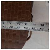 Antique Woven Picnic Basket with Wooden Lid and Metal Handles