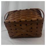 Antique Woven Picnic Basket with Wooden Lid and Metal Handles