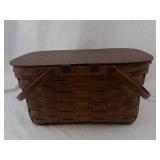 Antique Woven Picnic Basket with Wooden Lid and Metal Handles