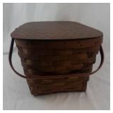 Antique Woven Picnic Basket with Wooden Lid and Metal Handles