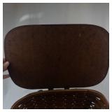 Antique Woven Picnic Basket with Wooden Lid and Metal Handles