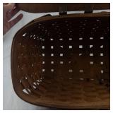 Antique Woven Picnic Basket with Wooden Lid and Metal Handles