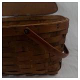 Antique Woven Picnic Basket with Wooden Lid and Metal Handles