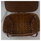 Antique Woven Picnic Basket with Wooden Lid and Metal Handles