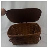 Antique Woven Picnic Basket with Wooden Lid and Metal Handles