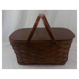 Antique Woven Picnic Basket with Wooden Lid and Metal Handles
