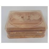 Hommer Manufacturing Company Pink Marbled Sewing Box with Cat Lid, 1940s-1950s