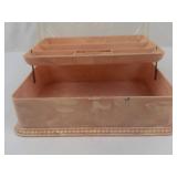 Hommer Manufacturing Company Pink Marbled Sewing Box with Cat Lid, 1940s-1950s