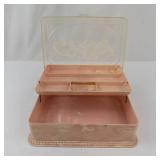 Hommer Manufacturing Company Pink Marbled Sewing Box with Cat Lid, 1940s-1950s