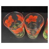 Bartlett-Collins Vintage Glass Pitcher & 4 Tumblers Red Floral - 1940s-1950s (Lot of 5)