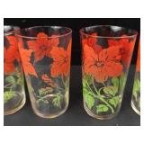 Bartlett-Collins Vintage Glass Pitcher & 4 Tumblers Red Floral - 1940s-1950s (Lot of 5)