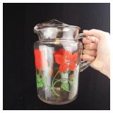 Bartlett-Collins Vintage Glass Pitcher & 4 Tumblers Red Floral - 1940s-1950s (Lot of 5)