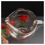 Bartlett-Collins Vintage Glass Pitcher & 4 Tumblers Red Floral - 1940s-1950s (Lot of 5)