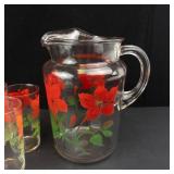 Bartlett-Collins Vintage Glass Pitcher & 4 Tumblers Red Floral - 1940s-1950s (Lot of 5)
