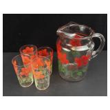 Bartlett-Collins Vintage Glass Pitcher & 4 Tumblers Red Floral - 1940s-1950s (Lot of 5)