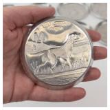 Vintage Hammered Aluminum Coasters - 8 Piece Set with Hunting Dog Artwork