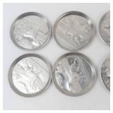 Vintage Hammered Aluminum Coasters - 8 Piece Set with Hunting Dog Artwork