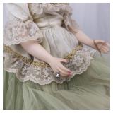 Vintage Porcelain Fashion Doll with Lace Dress, Tulle Skirt, and Wide Hat