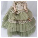 Vintage Porcelain Fashion Doll with Lace Dress, Tulle Skirt, and Wide Hat