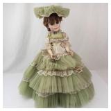 Vintage Porcelain Fashion Doll with Lace Dress, Tulle Skirt, and Wide Hat