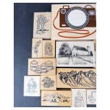 Wood Block Rubber Stamp Assortment - Camera, Film, Mountains & Garden Motifs