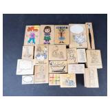 PMI Rubber Stamp Lot - Cartoon Kids, Bible Verses & Craft Motifs on Wood Blocks
