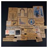 Vintage Wood Mounted Rubber Stamp Lot - Assorted Greeting Sentiments & Floral Window Motifs