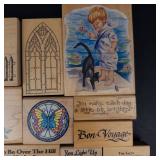 Vintage Wood Mounted Rubber Stamp Lot - Assorted Greeting Sentiments & Floral Window Motifs