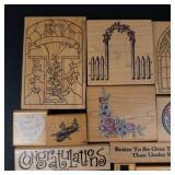 Vintage Wood Mounted Rubber Stamp Lot - Assorted Greeting Sentiments & Floral Window Motifs