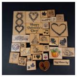 Assorted Valentine Rubber Stamps on Wood Blocks - Hearts, Be Mine, I Love You