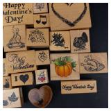 Assorted Valentine Rubber Stamps on Wood Blocks - Hearts, Be Mine, I Love You