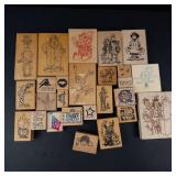 Wood Block Rubber Stamp Lot - Mixed Cartoon Characters & Sentiments