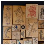 Wood Block Rubber Stamp Lot - Mixed Cartoon Characters & Sentiments