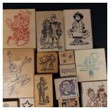 Wood Block Rubber Stamp Lot - Mixed Cartoon Characters & Sentiments